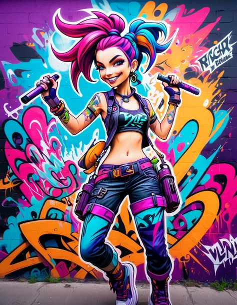 graffiti mural of jinx from league of legends, vibrant colors, dynamic pose, spray paint textures, doodle art style, highly detailed, vivid, hyper detailed, 4k