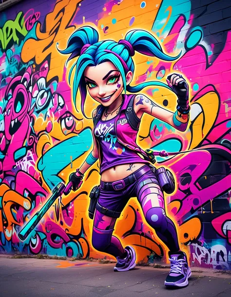 graffiti mural of jinx from league of legends, vibrant colors, dynamic pose, spray paint textures, doodle art style, highly detailed, vivid, hyper detailed, 4k