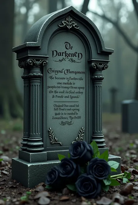 An ornate tomb stone saying "Here lies The Darkened One, a victim of circumstance" in english with a bouquet of black roses on the ground