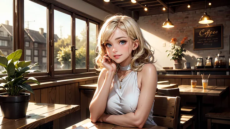 A beautiful 30-year-old blonde woman with short, wavy hair sits comfortably in a cozy coffee shop, looking up at you with a warm, happy smile that lights up her face. Her hazel eyes sparkle with joy, and her expression is inviting and carefree. She wears a...