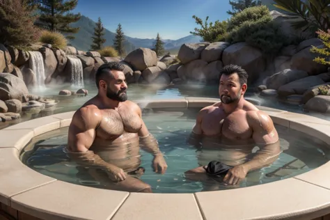 big and strong middle-aged men bathing in hot springs while completely naked。