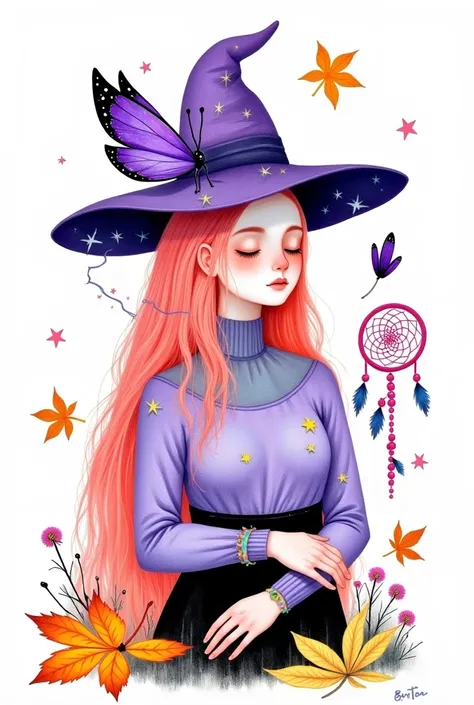 young woman,  big purple butterfly on shoulder, Butterflies, closed eyes,  purple witch hat ,  pink dreamcatcher in hand  ,  jewelry , autumn leaves, long hair, compose,  pink hair ,Painting (medium), purple shirt , signature ,simple background,One, A star...