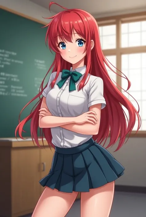 anime girl school uniform about 56, long red hair, blue eyes. Shes pretty, and curvy, with long legs and decent chest size. Boobs/cup-C
