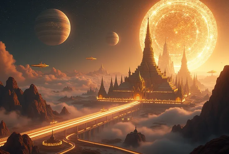 
"Siam Cosmic Empire: The Celestial Kingdom" - A breathtaking view of an advanced Thai civilization that has expanded across the galaxy. An impossibly vast space metropolis stretches across the cosmic horizon, where colossal Thai-style golden temples float...