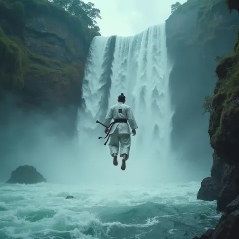 cinematic film still  a guy falling from the water fall he is wearing martial arts dress and frame should be in back view