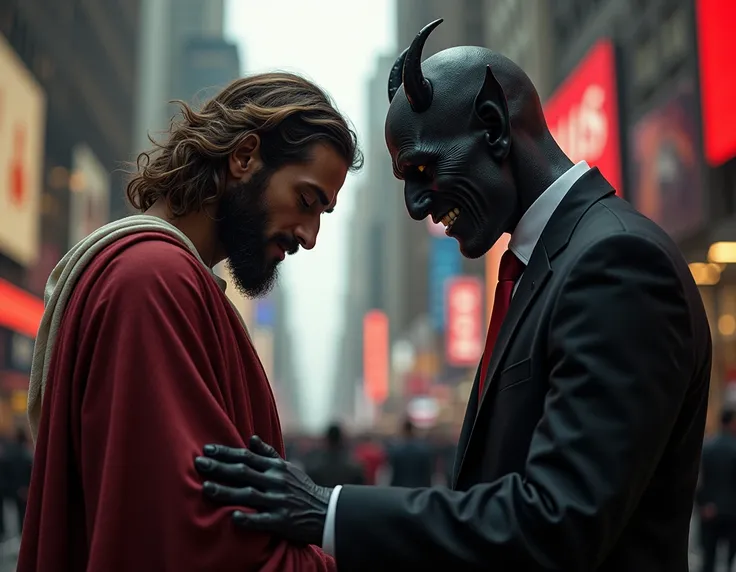 Jesus with his head down, being tempted by the demon ,  in a black suit and red tie smiling beside him and with one hand on his right shoulder,  in the middle of busy Wall Street 