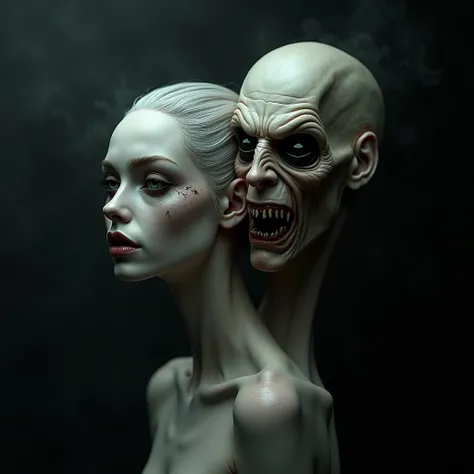 Vampire with two heads on the same body, one very beautiful the other of evil ,  all very real and natural and uncomfortable !  Dark background with a hint of horror! 