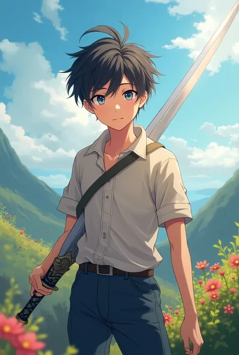 Lovely anime character boy with sword