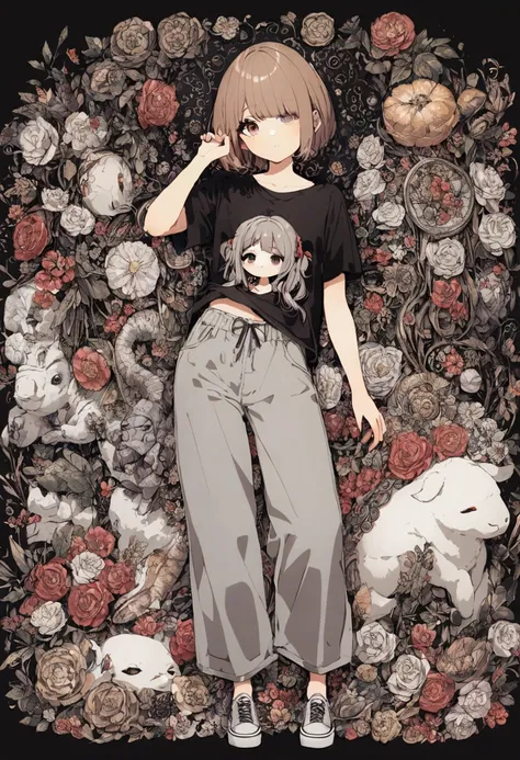 1Girl with (long brown hair) )with her right eye being black and her left eye being gray) (and she has a face of comfort) (full body) (wearing a black t shirt and gray pants with white vans)