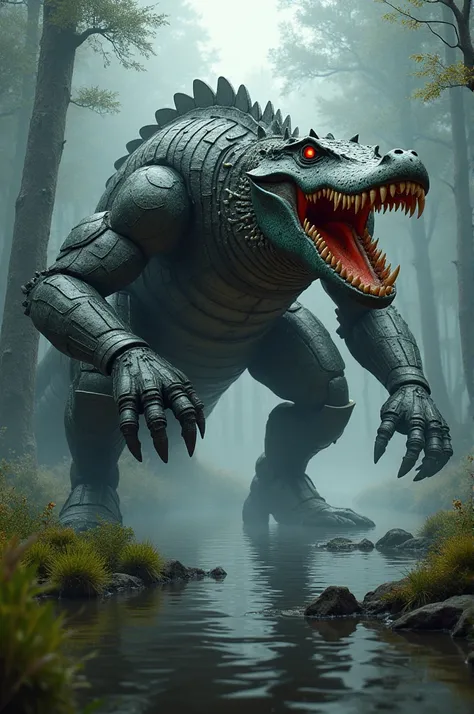 An epic fantasy scene featuring a massive creature that is a hybrid between a crocodile and a robot . The setting is a  dark forest  in the background, and grass swirls around its feet as it stomps the water with a commanding presence and a horror vibe is ...