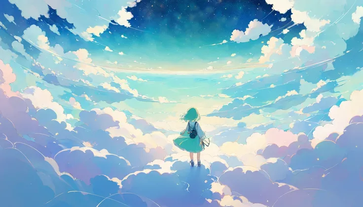  illustrator , anime ,sketch 、 pastel colors, imaginary、Standing on the Clouds、woman、 panoramic view from above 、 starry sky 、Blue-green