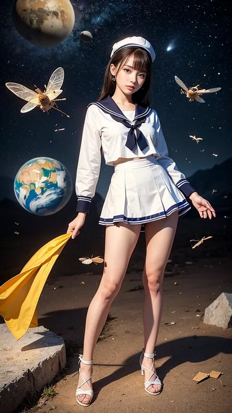 sailor suit、embarrassing、one beautiful woman、detailed face、fine hands、fine legs、(debris flies, highest quality:1.2), 8k, official art, chest、cute、I can see your panties、tug on skirt、 Planet, trending on cgstation, extrasolar planet, official art, Mar Plane...