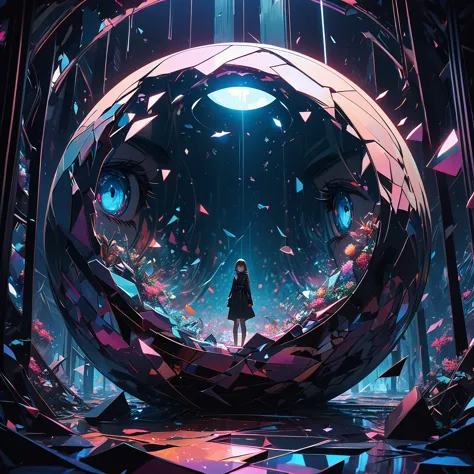 A broken mirror with shards flying through a diorama space each fragment reflecting a sorrowful expression, The mirror is a gateway to another dimension and the scene is set inside a spherical space, The digital art style emphasizes sharp vibrant details w...