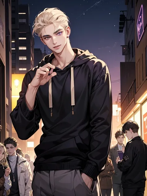 a boy, purple eyes, cream beige hair. happy, so handsome. he is gangster.  Background in gang at the night. wear casual outfit like a black hoodie, slicked back hair. hip hop style. happy, enjoy moment, kind smiling  expression