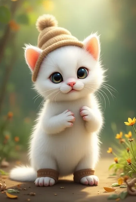 Realistic painting, 8k,  White and adorable  ,   wearing boots and hat,  brown baby kitten standing on 2 legs 