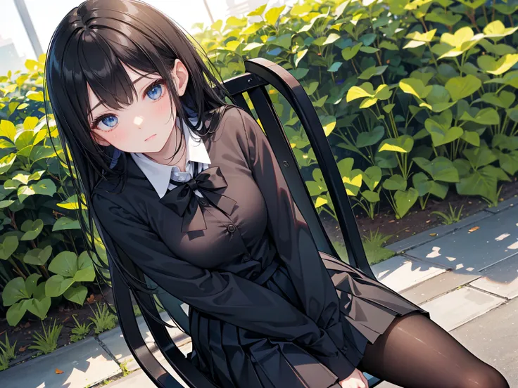  Long straight black hair , School Uniform,   blue eyes，Black leather shoes， black pleated skirt ,  black pantyhose , Black leather shoes,  and sit in a chair，healthy skin, Outdoor scenery, Green leaves and blue sky, Bright natural light   ,   The sun shin...