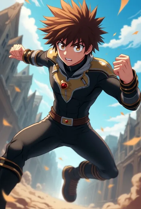   My Hero Academia style  , Anime Boy, male, young male ,      full body shot   ,(  fighting pose :1.3),   short hair,   bright brown hair with a visible tip ,     Brown Eyes    ,  small red jewel in the center of the chest   ,   hero suit, Full Body Suit,...