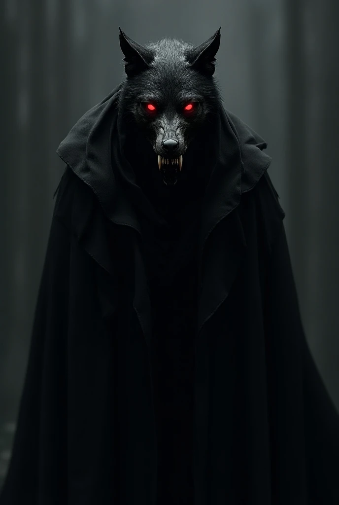 Black wolf with bony skull on the front plane with red eyes and black robe