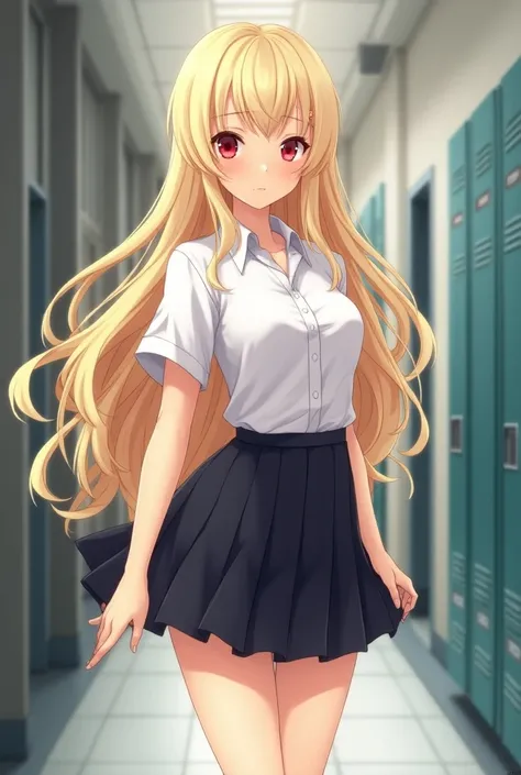 anime girl with school uniform, about 56, long blonde hair, red eyes. Shes slim, and attractive. Boobs/cups-B
