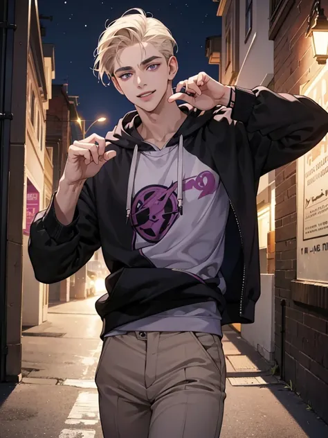 a boy, purple eyes, cream beige hair. happy, so handsome. he is gangster.  Background in gang at the night. wear casual outfit like a black hoodie, slicked back hair. hip hop style. happy, enjoy moment, kind smiling  expression