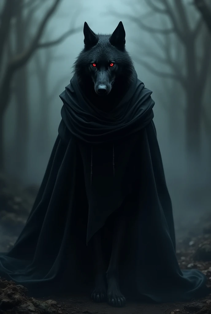 Frontal bone-headed black wolf with red eyes and black hooded robe