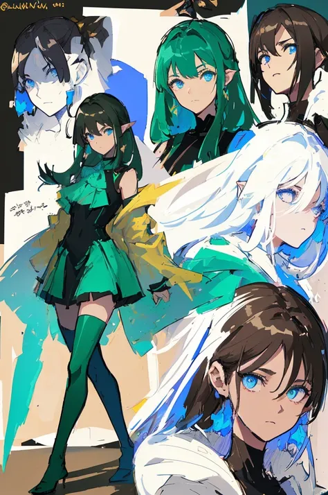 Black background with spotlight,Holding a bow（ pointed ears、Holding a bow、 blue eyes、Green Dress、 long lashes、Brown long hair）,sketch ( character design sheet, same characters, whole body, Three Views, Front, ~ ~ ~ ~ side, return),(Very bright:1.1), [ 1 gi...