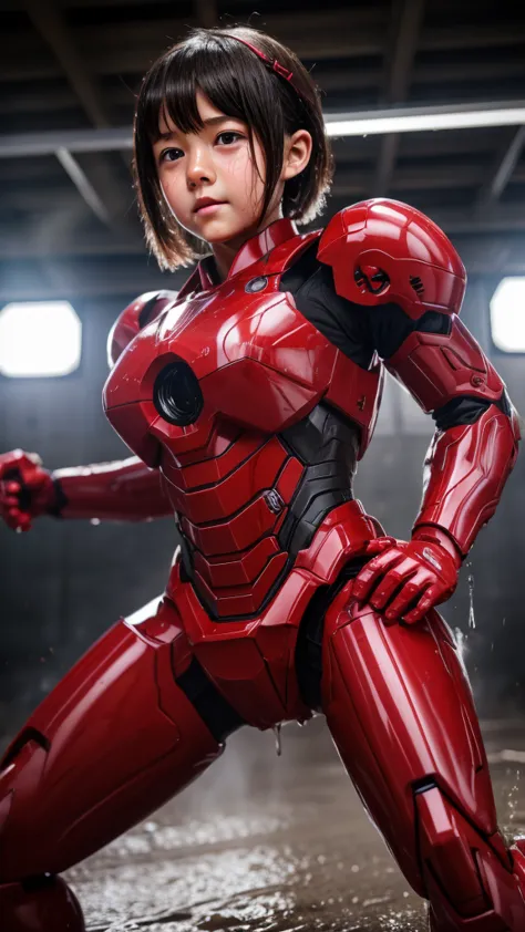 Best Quality　 8k full body red war machine suit girl　Gloss　 elementary school girl 　Sweaty face　cute　 short hair　 boyish 　Steam coming out of my head　 Her Hair Is Wet With Sweat 　The feel of black hair　 full body portrait 　  　Drooling from the mouth　bare h...