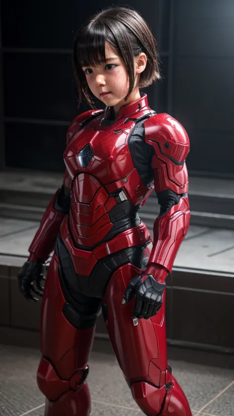 best quality　 8k full body red war machine suit girl　gloss　 elementary school girl 　sweaty face　cute　 short hair　 boyish 　steam ...