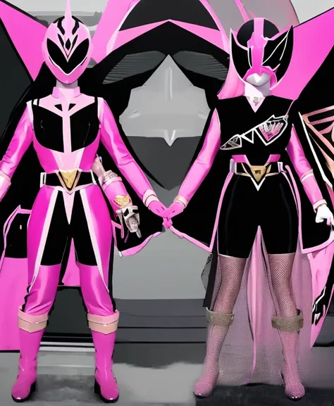 A woman pink and black rangers, pink and black ranger suit, as she power rangers toxic , full body , helmet mask, very long hair, high detailed, realistic, gloves, ultra realistic, ((full face helmet)), black shield sunglasses on eyes, smart black sunglass...