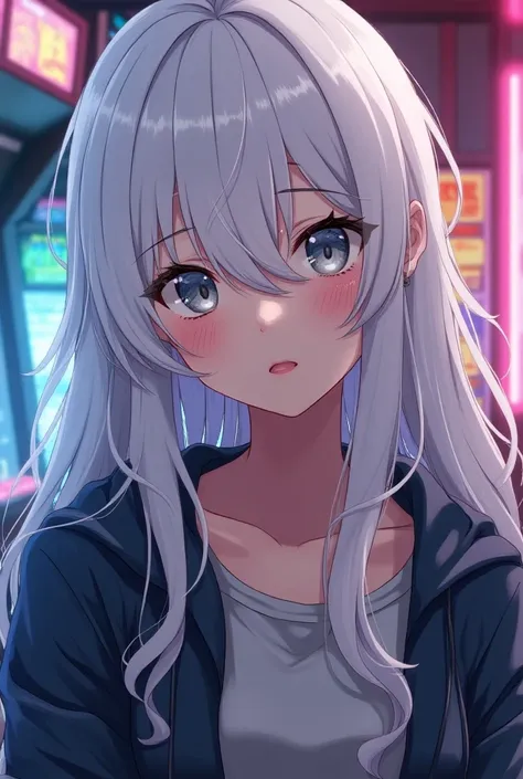  19-year-old female Boku no hero character at an arcade.  white hair and long ,  half-closed silver eyes on white lashes ,  face with freckles, naturally reddish lips 