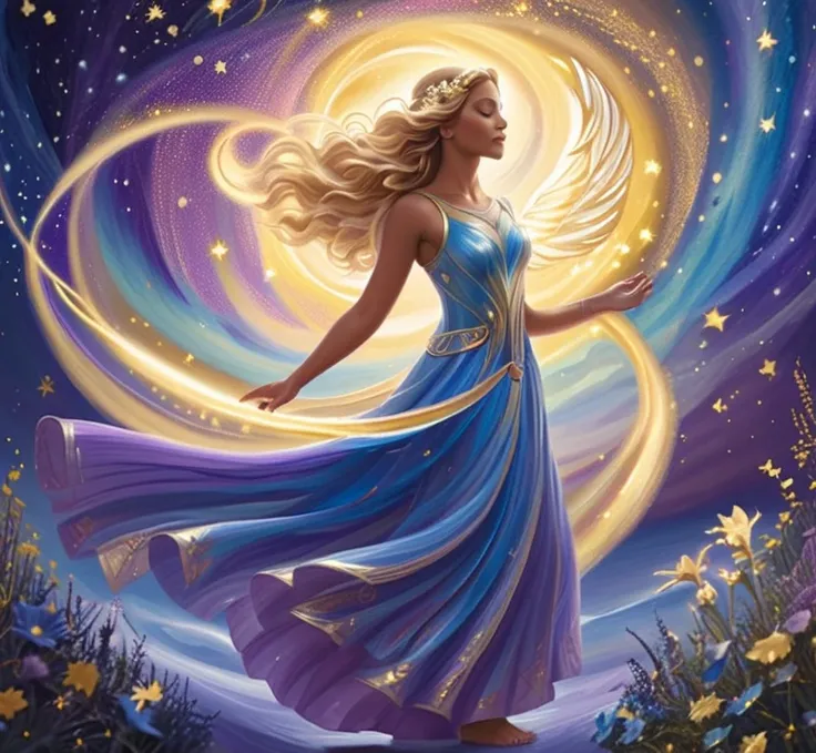 Tiny angel of light, love, and hope, she stands at the side, Stars swirl and spin from her chest, blue, gold,purple, white, sparkling light