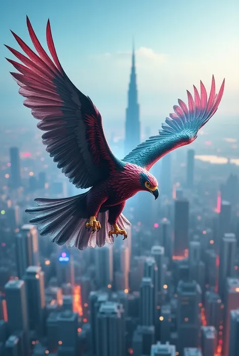 Eagle with blue and red and green and red on the back with futuristic city