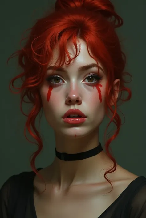 woman with dark circles, Disalienated with curly red hair tied up in a congo 