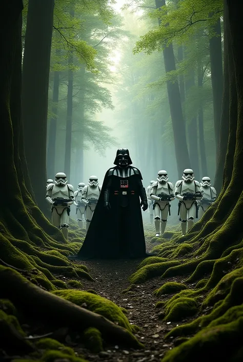 Darth Vader and Stormtroopers Deep Forest　 sunlight filtering through the trees　Covered in scars