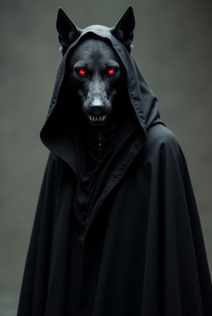 Black wolf with the head of bones , with red eyes ,  in a black robe with a hood as if of death, Plano frontal , limelight