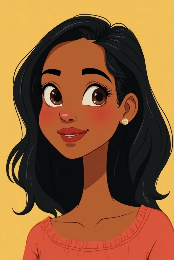 Aseel is not very short, but she’s not tall either, 160 cm. She has almond to round brown eyes, level IV medium skin tone,2a medium to long black hair ,and round face. a woman of mixed Sudanese and egypt heritage based, cartoon style