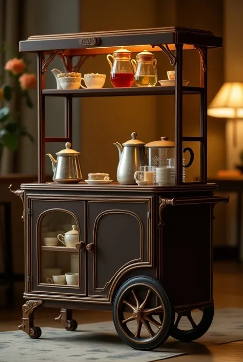  Milk tea trolley in vintage style,  with small glass cabinet ,2-tier wooden shelf ,  glass cabinet between the car ,  the car is dark brown and beige interspersed,  Covered 