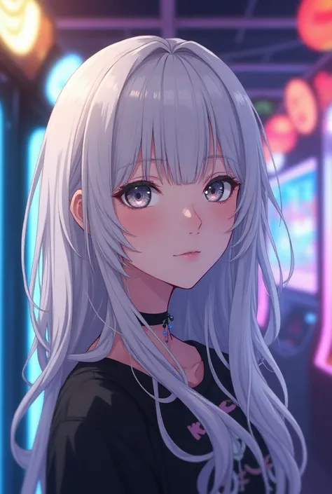 character in anime style/ 19-year-old female manga at an arcade .  white hair and long ,  half-closed silver eyes on white lashes,  face with freckles, naturally reddish lips 