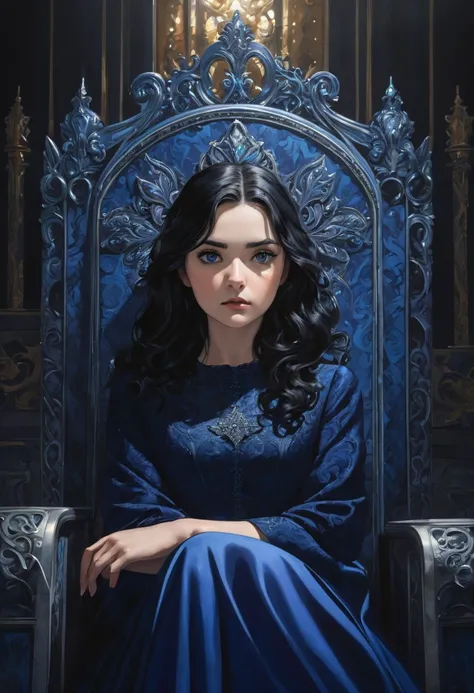 girl with grey eyes ,  black wavy hair, stern face,  blue dress , Sitting on the throne,  illustration, bright colors,  realistic,  dramatic lighting 