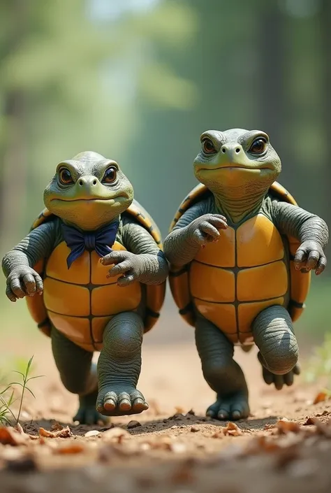 TWO TURTLES IN A RACE ,  ONE WITH A BOW AND THE OTHER WITH GLASSES