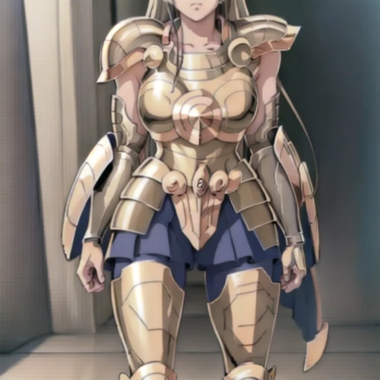 Anime girl standing in front of a door. Realistic schoolgirl with hyperrealistic details. Ecchi anime style, seductive pose. Blonde anime girl with long hair, beautiful face, and blue eyes. Completely dressed in the golden armor of Libra from Saint Seiya, ...