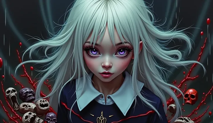 girl with a pretty face, white hair, purple eyes, (((sexy school uniform))), wearing a stylish very sexy school uniform, with a funny expression on her face, Hellwalker, incombing death, hell, black bloody veins growing and intertwining out of the darkness...