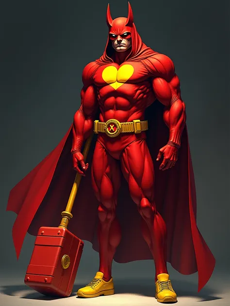 male superhero in red full body uniform, yellow sneakers, red hood with two antennae sticking out of it, yellow heart symbol on chest, holding red and yellow warhammer.