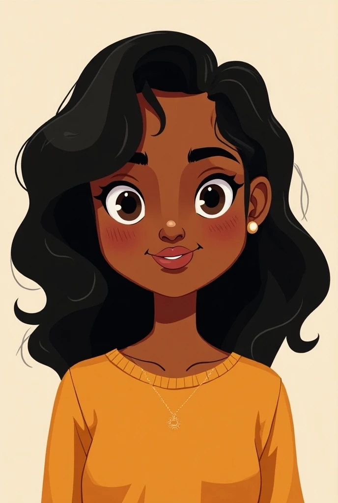 Aseel is not very short, but she’s not tall either, 160 cm. She has almond to round brown eyes, level IV medium skin tone,2a medium to long black hair ,and round face. a woman of  Sudanese based, cartoon style