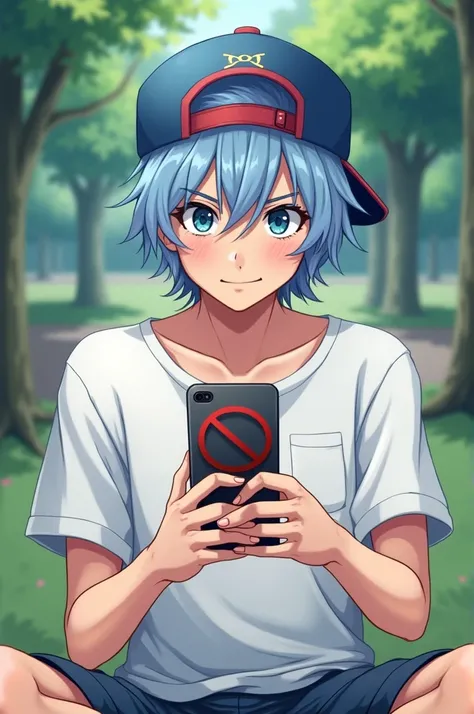  Adult boy with light blue hair and wearing a blue and red cap,  phone with a prohibition symbol on his white shirt, sitting in the park looking at his ,