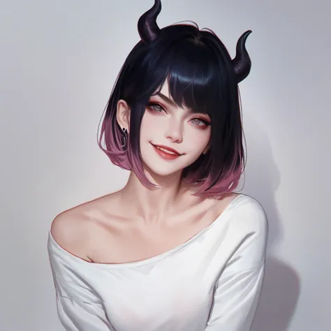 One of the white skin. Your hair is short with a slightly different length on side, her hair is white with very dark pink and dark purple highlights, your face is a little round like korean, your eyes are pink, anime girl, ulzzang, off shoulder white shirt...