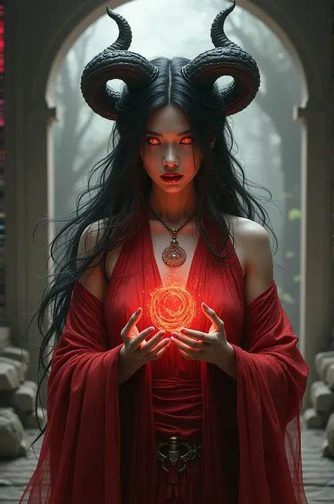  Give me the image of a female demon with long twisted black hair,  mouth with 4 fangs , long nails , Red eyes,  wearing red old chinese antique costume ,  magic hands  