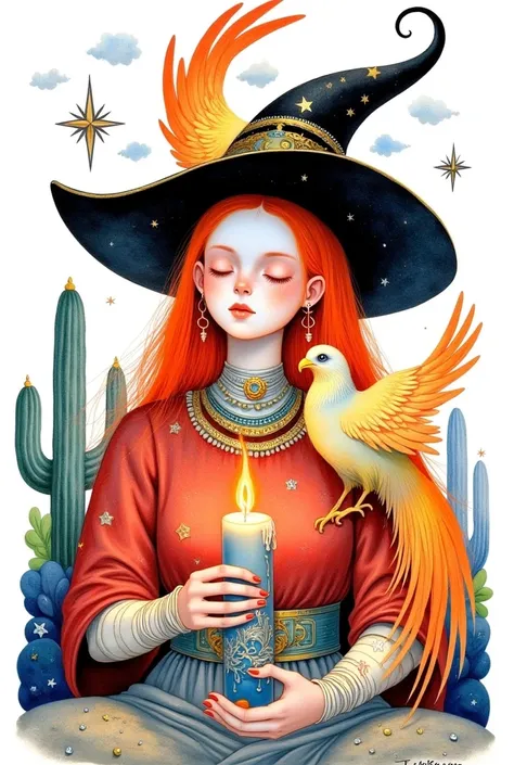 young woman, a big phoenix on his shoulder , closed eyes,  witch hat, holds a candle with fire in his hands,  jewelry , fire , long hair, compose,  Red Hair ,Painting (medium),  red shirt, signature ,simple background,One, A star  (sky), A star  (symbol), ...