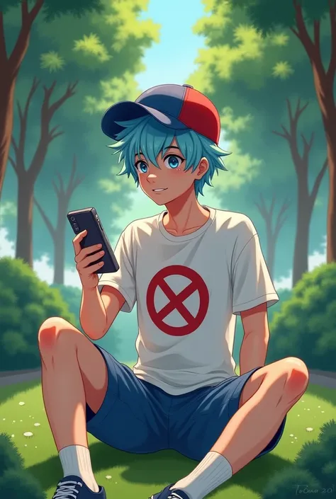  Adult boy with light blue hair and wearing a blue and red cap,  phone with a prohibition symbol on his white shirt, sitting in the park 