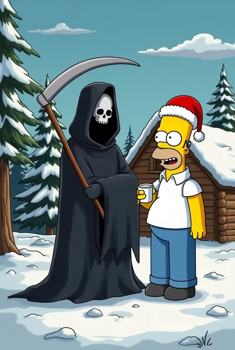 Create an image where death is celebrating Christmas with Homer Simson